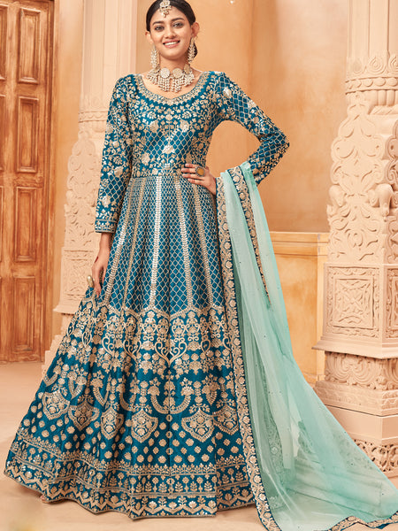 Designer Turquoise Art Silk Embroidery Anarkali Suit