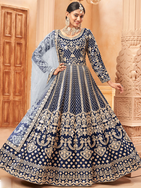Designer Navy Blue Art Silk Embroidery Anarkali Suit