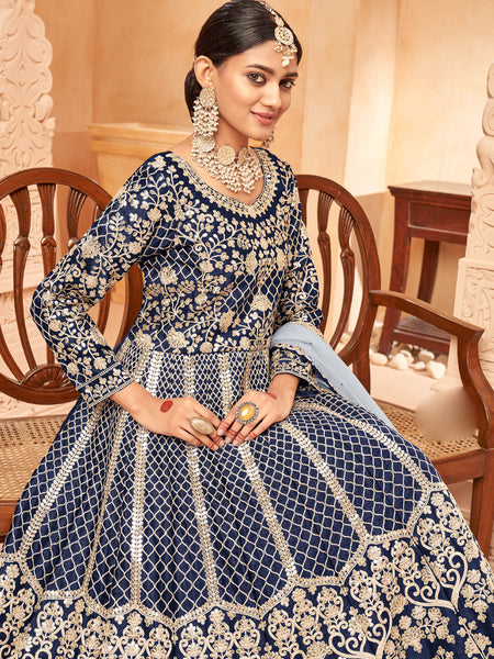 Designer Navy Blue Art Silk Embroidery Anarkali Suit