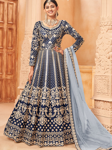 Designer Navy Blue Art Silk Embroidery Anarkali Suit