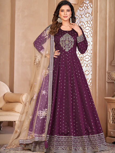 Designer Violet Tafeta Silk Embroidery Anarkali Suit