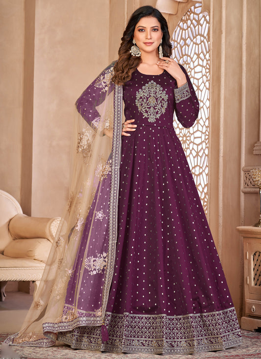 Designer Violet Tafeta Silk Embroidery Anarkali Suit