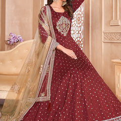 Designer Maroon Tafeta Silk Embroidery Anarkali Suit