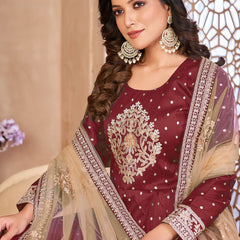 Designer Maroon Tafeta Silk Embroidery Anarkali Suit