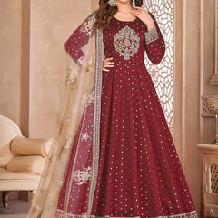Designer Maroon Tafeta Silk Embroidery Anarkali Suit