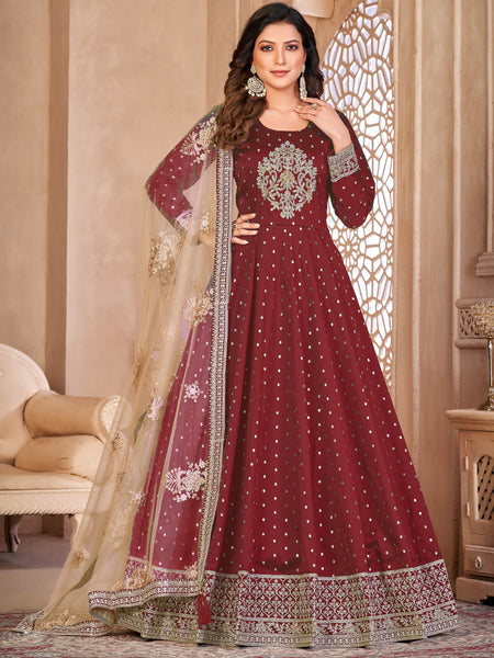 Designer Maroon Tafeta Silk Embroidery Anarkali Suit