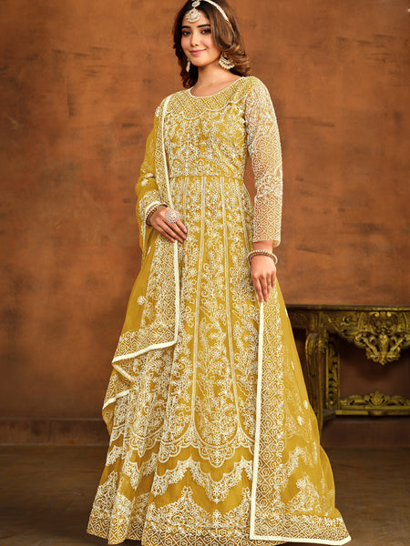 Designer Yellow Net Embroidery Anarkali Suit