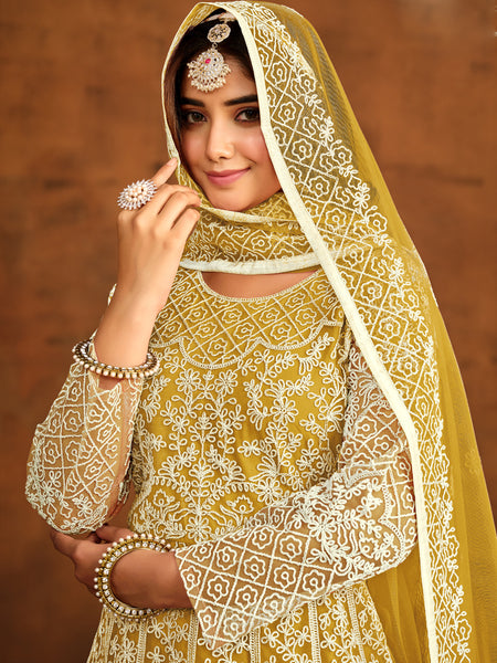 Designer Yellow Net Embroidery Anarkali Suit