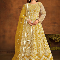 Designer Yellow Net Embroidery Anarkali Suit