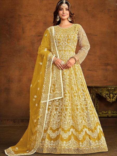 Designer Yellow Net Embroidery Anarkali Suit