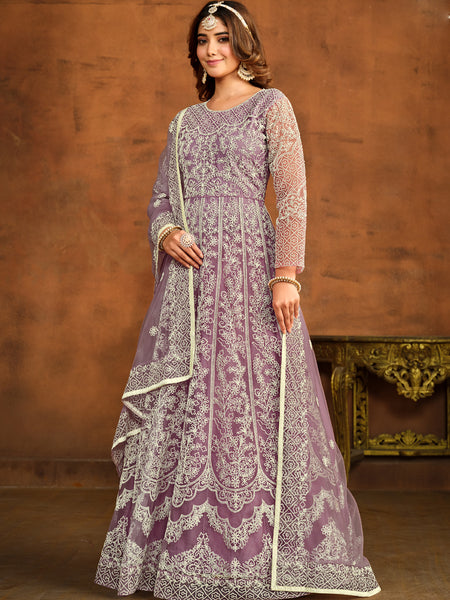 Designer Onion Pink Net Embroidery Anarkali Suit