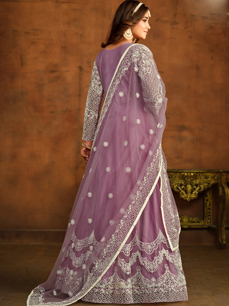 Designer Onion Pink Net Embroidery Anarkali Suit