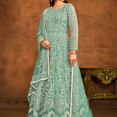 Designer Mint Green Net Embroidery Anarkali Suit