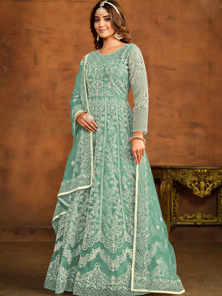 Designer Mint Green Net Embroidery Anarkali Suit