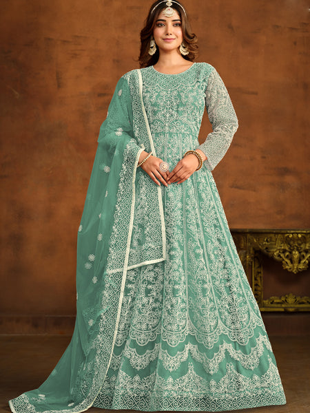 Designer Mint Green Net Embroidery Anarkali Suit