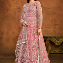Designer Pink Net Embroidery Anarkali Suit