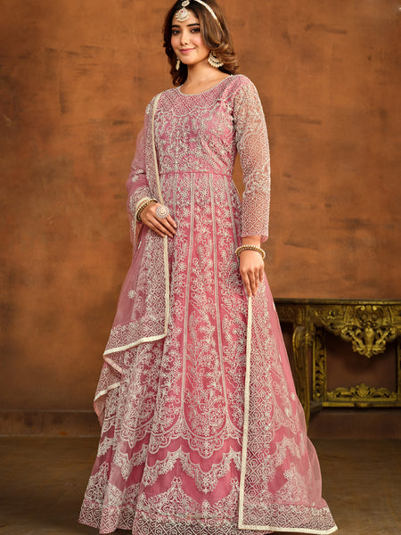Designer Pink Net Embroidery Anarkali Suit