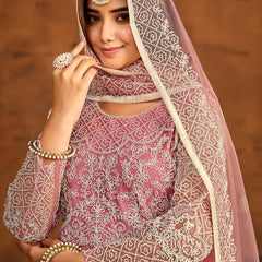 Designer Pink Net Embroidery Anarkali Suit