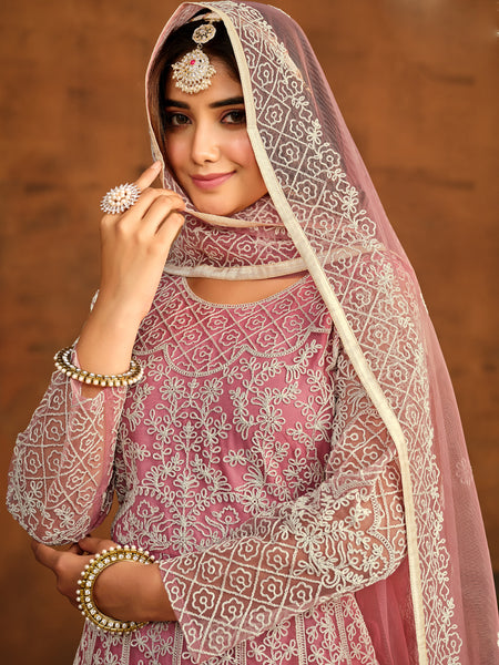 Designer Pink Net Embroidery Anarkali Suit