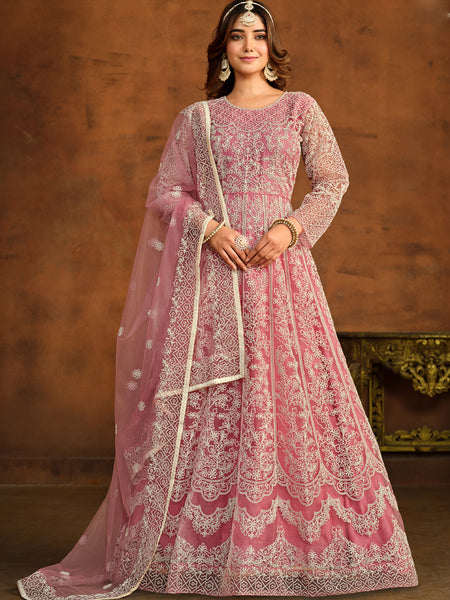 Designer Pink Net Embroidery Anarkali Suit