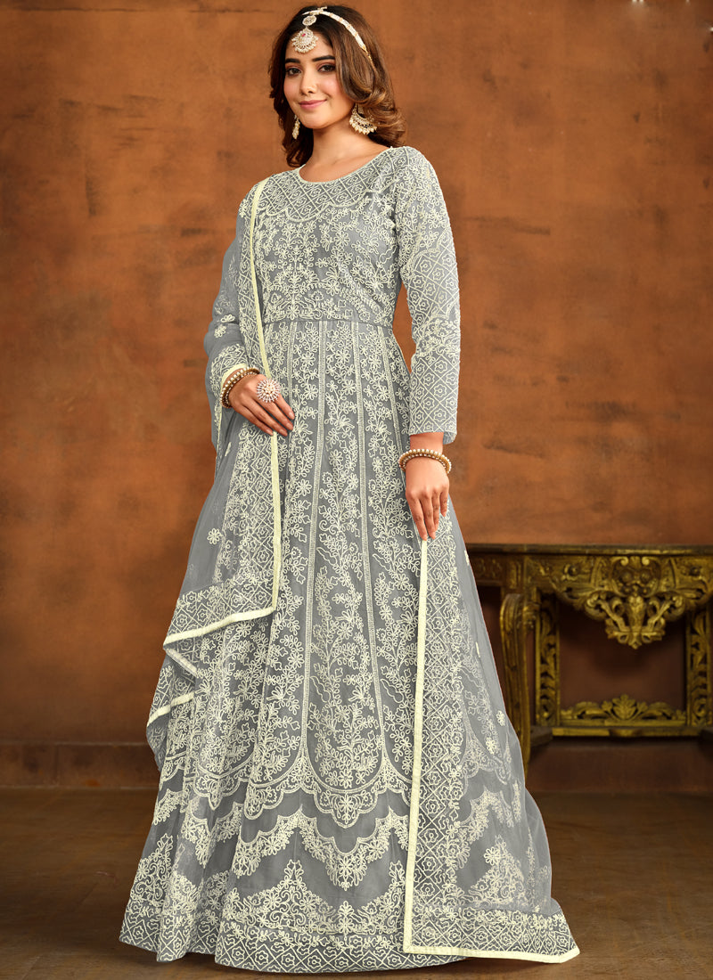 Designer Grey Net Embroidery Anarkali Suit