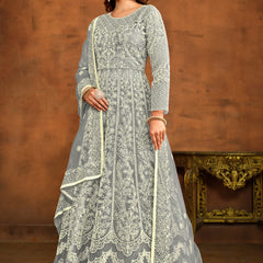 Designer Grey Net Embroidery Anarkali Suit