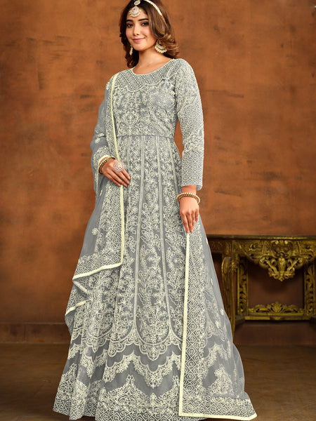 Designer Grey Net Embroidery Anarkali Suit