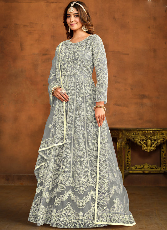 Designer Grey Net Embroidery Anarkali Suit