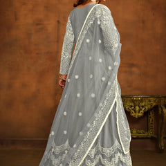 Designer Grey Net Embroidery Anarkali Suit
