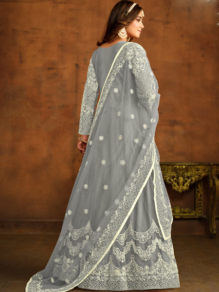 Designer Grey Net Embroidery Anarkali Suit