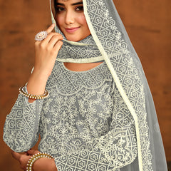Designer Grey Net Embroidery Anarkali Suit