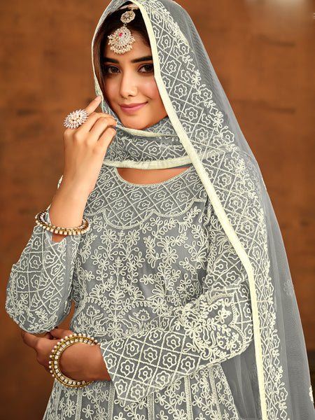 Designer Grey Net Embroidery Anarkali Suit