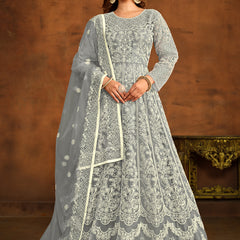 Designer Grey Net Embroidery Anarkali Suit