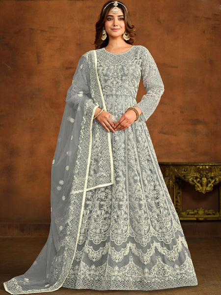 Designer Grey Net Embroidery Anarkali Suit