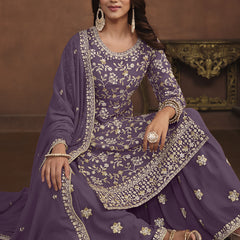 Designer Lavender Faux Georgette Embroidery Sharara Suit