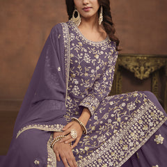 Designer Lavender Faux Georgette Embroidery Sharara Suit
