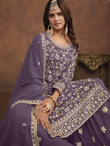 Designer Lavender Faux Georgette Embroidery Sharara Suit