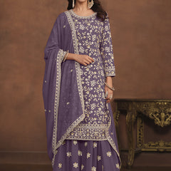 Designer Lavender Faux Georgette Embroidery Sharara Suit