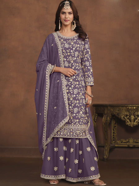 Designer Lavender Faux Georgette Embroidery Sharara Suit