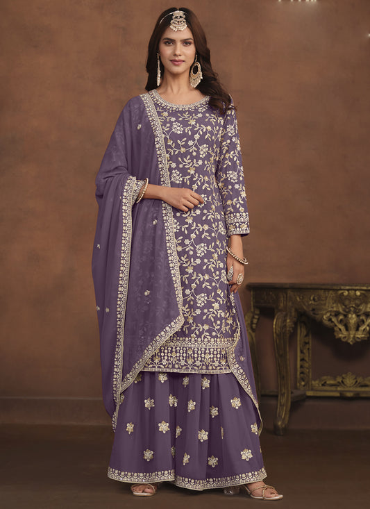 Designer Lavender Faux Georgette Embroidery Sharara Suit