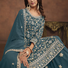 Designer Dark Grey Faux Georgette Embroidery Sharara Suit