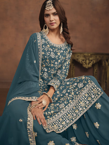 Designer Dark Grey Faux Georgette Embroidery Sharara Suit