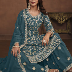 Designer Dark Grey Faux Georgette Embroidery Sharara Suit
