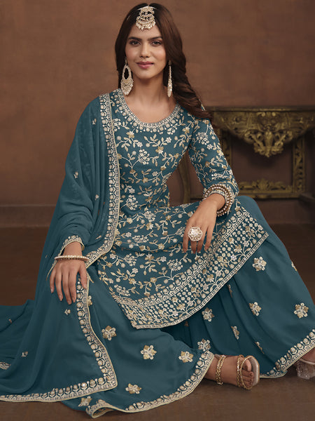 Designer Dark Grey Faux Georgette Embroidery Sharara Suit