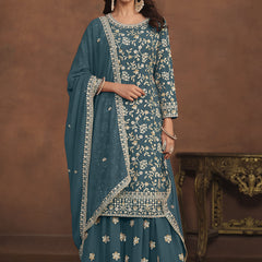 Designer Dark Grey Faux Georgette Embroidery Sharara Suit