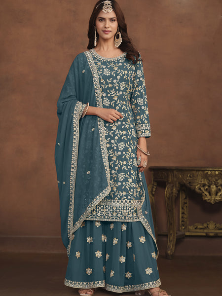 Designer Dark Grey Faux Georgette Embroidery Sharara Suit