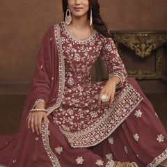 Designer Brown Faux Georgette Embroidery Sharara Suit