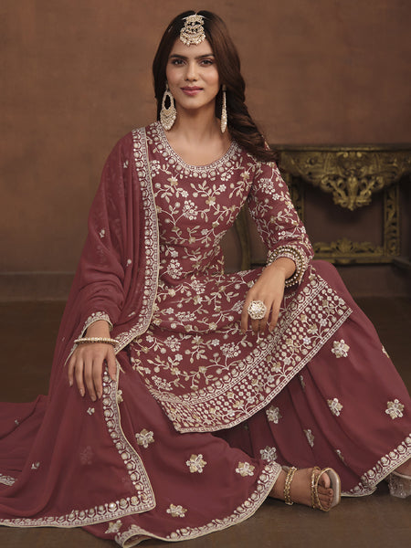 Designer Brown Faux Georgette Embroidery Sharara Suit