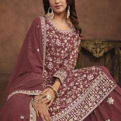 Designer Brown Faux Georgette Embroidery Sharara Suit