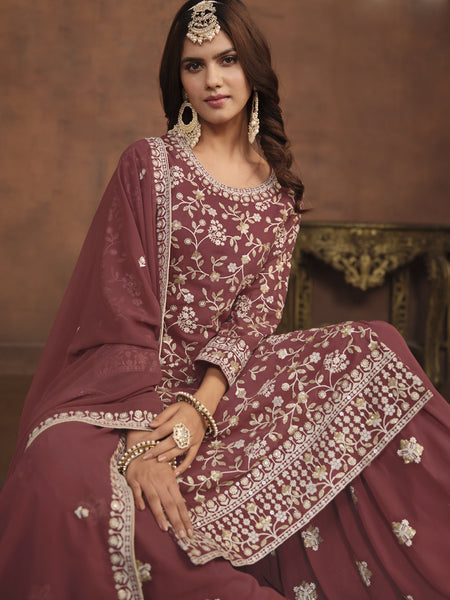 Designer Brown Faux Georgette Embroidery Sharara Suit